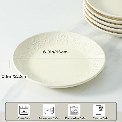 Neaylfe 6 Inch Ceramic Dessert Plates Set, Embossed Appetizer Plates for Kitchen, Lightweight Round Plates, Small Salad Plate for Cake Snacks Side Dish, Microwave Dishwasher Safe, Set of 6