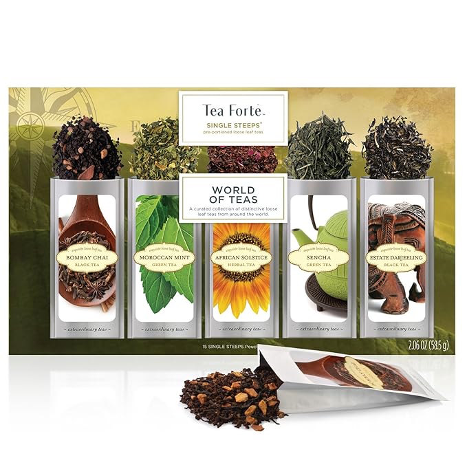 Tea Forte Single Steeps Loose Leaf Tea Sampler, Assorted Variety Tea Box, 15 Single Serve Pouches, Gifts for Mom, World of Teas Tea