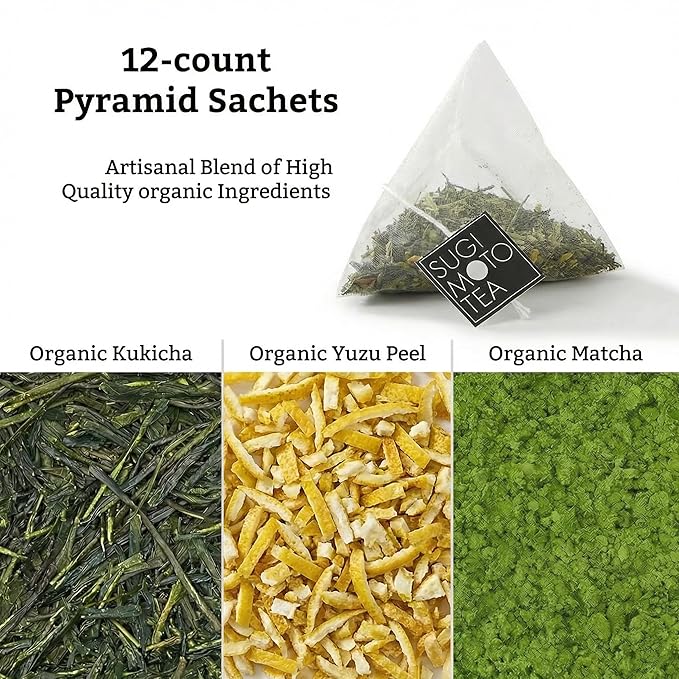 SUGIMOTO TEA Japanese Organic Yuzu Kukicha with Matcha Green Tea Bags 12 Count