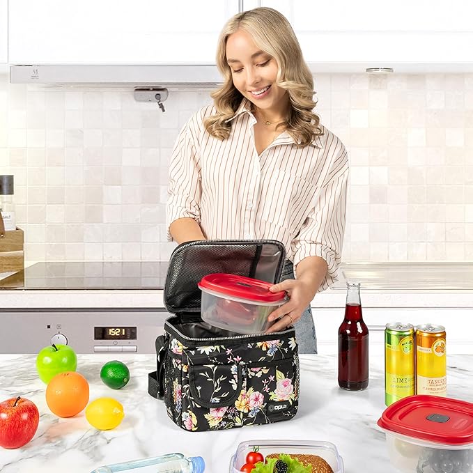 opux Insulated Lunch Box for Men Women Kids, Leakproof Reusable Lunch Bag Cooler for Work School Office, Soft Thermal Lunchbox Tote with Shoulder Strap for Boys Girls Adults, Floral Black, 14 Can/8L