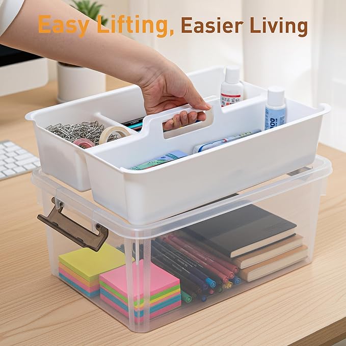 Citylife 17 QT Plastic Storage Bins Clear Storage Box with Removable Tray Stackable Latching Box with Handle for Organizing Tool, Craft, Office, Orange