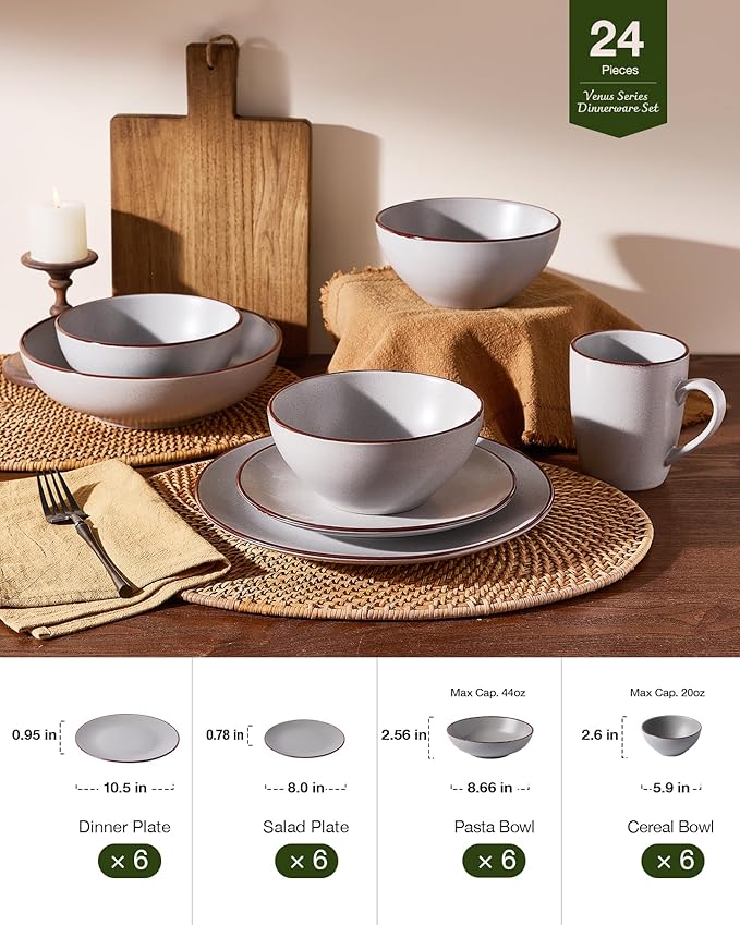 Famiware Venus Stoneware Dinnerware Set with Pasta Bowls for 6, 24-Piece Speckled Plates and Bowls with Trim, Matte Light Gray - Chip‑Resistant Dishes for Everyday & Formal, Microwave/Dishwasher Safe