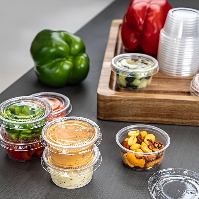 Amazon Basics Disposable Plastic To-Go Cups and Lids, Mini, 2oz, 50 Count, BPA Free, for Condiment, Salad Dressing, Sauces, Jello Shots (Pack of 2)
