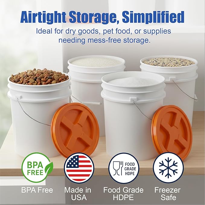 ePackageSupply 5 Gallon Bucket - Food Grade Bucket with Airtight Gamma Seal Screw-On Lid, BPA-Free, Heavy-Duty 90 Mil HDPE Plastic, Bulk Storage, Durable Container, Made in USA, White/Orange, 3 Packs