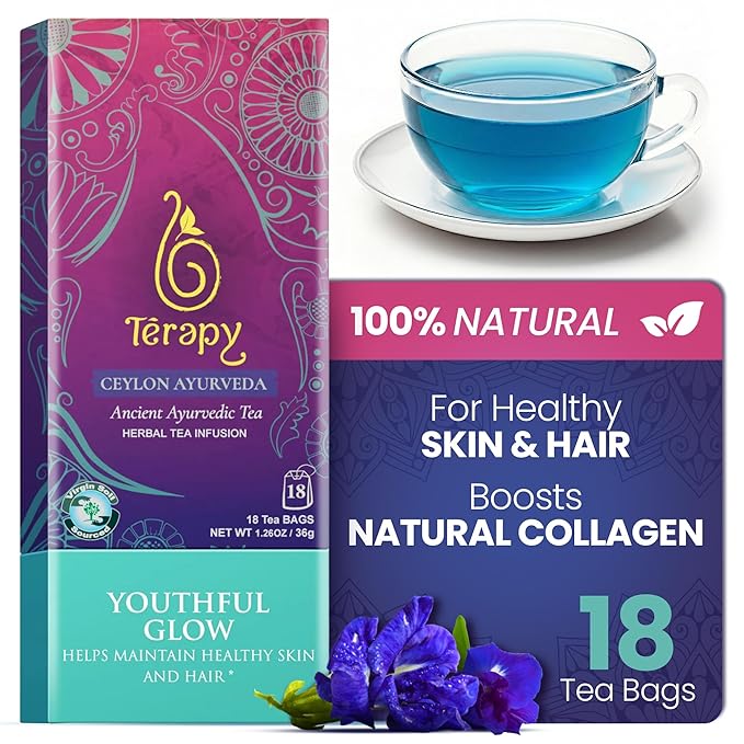 Térapy Ceylon Youthful Glow Tea Bags – Blue Butterfly Pea, Gotu Kola & Licorice Root Blend | Traditional Ayurvedic Herbal Tea Supporting Collagen for Skin & Hair Wellness | 18 Count