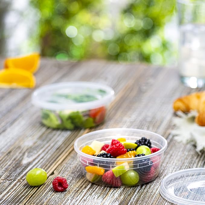 ELEGANT DISPOSABLES 8 OZ - 24 Sets Plastic Deli Food Storage Containers with Airtight Flexible Lids Microwavable, Leak Free, Washable, Freezer Safe.