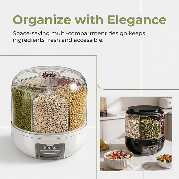 360° Rotating Grain Dispenser | 6-Grid Rice Dispenser with One-Click Dispensing | Airtight Cereal Container for Rice, Beans, Grains Storage (White, Small)