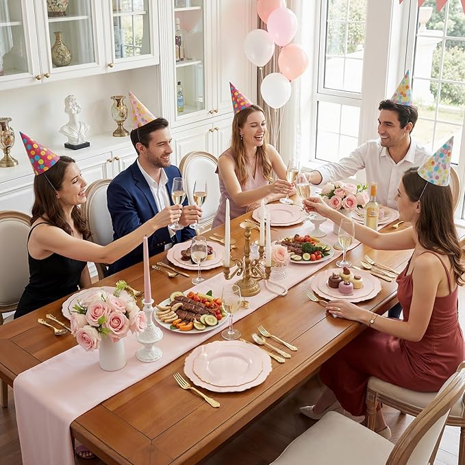 WDF 100pcs Pink Plastic Plates - High-end Baroque Design - Pink and Gold Plates - Including 50 Disposable Plate 10.25inch, 50Salad Plate 7.5inch for Wedding/Baby Shower/Spring/Birthday