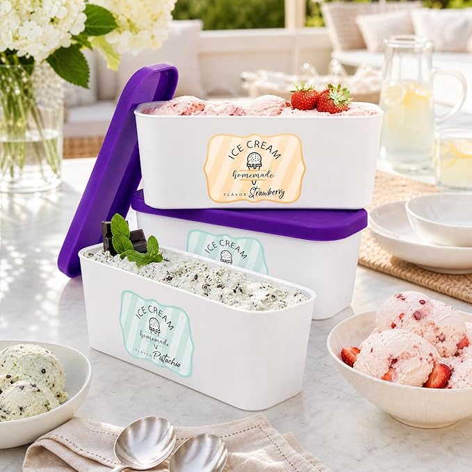 Set of 2 Reusable Ice Cream Tub Containers 1.6 Quart Ea. - Perfect for Homemade Sorbet, Frozen Yogurt Or Gelato - Stackable Storage Containers, Stickers And Lids Stores Easily In Freezer