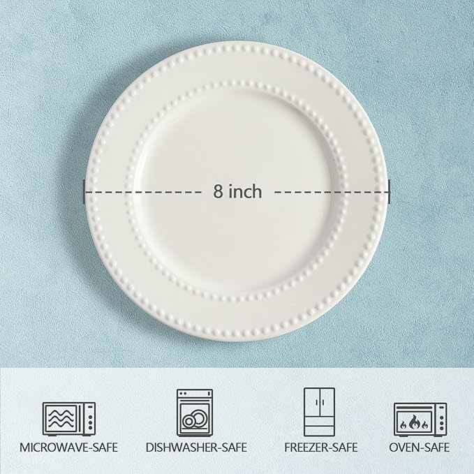 Embossed Salad Plates Set of 4, 8 inch White Ceramic Dessert Appetizer Plates, Small Dinner Plates, Restaurant Kitchen Dish, Scratch-Resistant, Chip-Resistant, Oven Microwave Dishwasher Safe