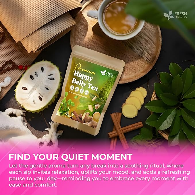 FreshDrinkUS, Premium Happy Belly Tea | 135 Tea Bags | Herbal Tea Blend with Soursop Leaves, Ginger, Fennel Seed, Lemon Balm, Cinnamon, Papaya Leaves & Rose Hip – Naturally Caffeine Free. Sugar Free