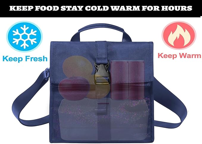 ZM-YOUTOO Insulated Foldable Lunch Bag- Lightweight Portable with Adjustable Shoulder Strap Lunch Box for Men, Women, Office, Work, Picnic, Hiking and Beach (Navy Blue(Soft Fabric))