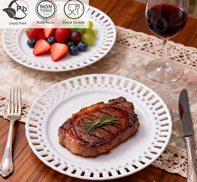 Aimusego Round Furit Salad Plate with Scalloped Edge Lace Rim, Set of 4, Ceramic Dessert Plates for Cake Snack Side Dish, Microwave and Dishwasher Safe, for Housewarming (White A,10'')