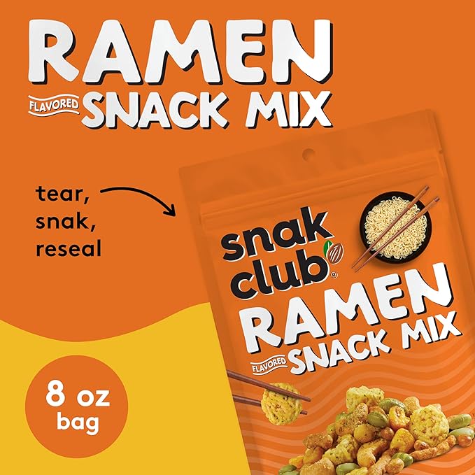 Snak Club Ramen Flavored Snack Mix, Crunchy Ramen Pieces, Toasted Corn, Sesame Sticks, Peanuts, Cashews, Soybeans, Edamame, 8 oz Resealable Bag