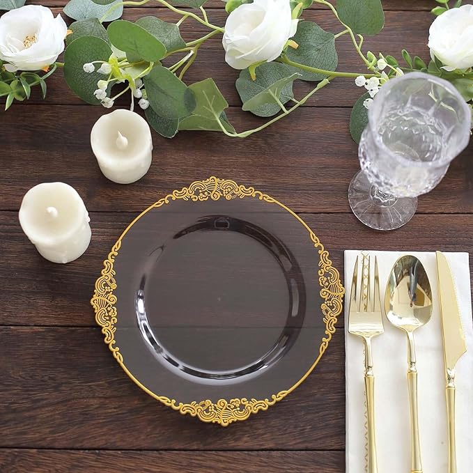 Efavormart 10 Pack | 8" Translucent Black and Gold Baroque Dessert Plates, Leaf Embossed Metallic Rim Heavy Duty Appetizer Plates for Edgy Social Events