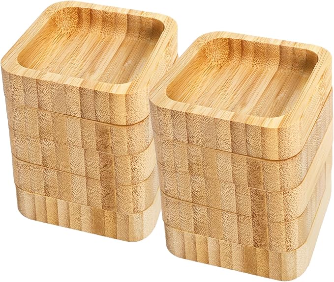 Jucoan 10 Pack Small Bamboo Bowls, Square Wooden Sauce Dish Dipping Bowl for Condiments, Appetizers, Snack, Ketchup, Charcuterie Board, Unbreakable, Stackable, Lightweight