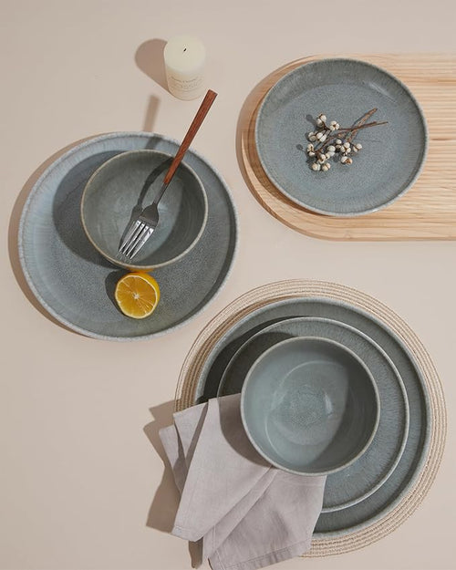 Pokini 16 Piece Double Bowl Dinnerware Sets, Stain Resistant Dish Set with Pasta Bowls, Easy Cleaning Dishes, Multi-Functional Plate and Bowl, Stack Compactly Plate Set, Service for 4