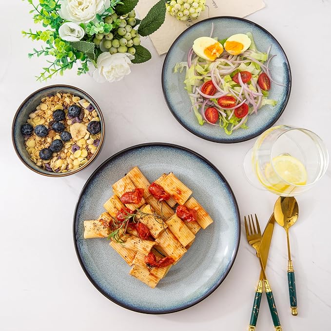 LERATIO Ceramic Dinner Plates Set of 6, 10.5 Inch Handmade Reactive Glaze Porcelain Plates, Coupe Shape Dinnerware Dishes Set for Kitchen,Oven& Microwave & Dishwasher Safe, Scratch Resistant-Gray Blue