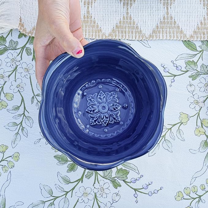 Sungmor Embossed Stoneware Fine Dining Dinnerware, Antique Baroque Style Porcelain 6 Inch (20 oz) Flower Shape Bowls Set of 4, Sophisticated Ceramic Bowls for Soup, Cereal, Oatmeal, Rice, Pasta, Salad