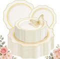 WDF 100PCS Ivory Plastic Plates with Gold Rim - Cream Plastic Plates - Include 50 Dinner & 50 Dessert Fancy Disposable Plate for Party - Heavy Duty Beige Plate for Baby Shower/Wedding