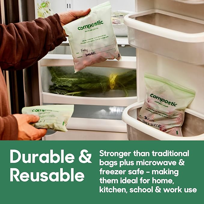Compostic Compostable Gallon Bags (60 Count) Starter Pack — Resealable Zip-Seal, Plant-Based, Home Compostable, Freezer Safe, BPA-Free, Non-Toxic, GMO-Free Food Storage Bags