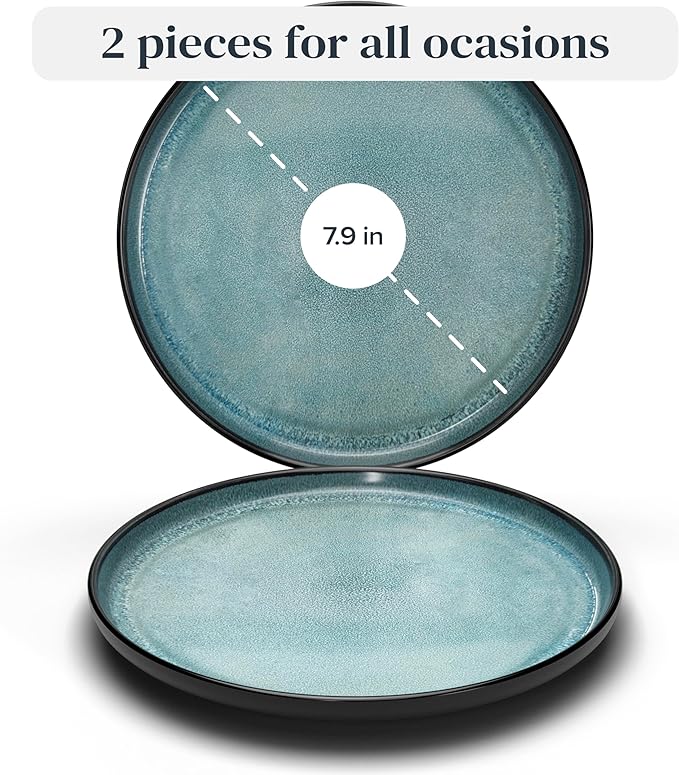 PURE LIVING INTERIOR DESIGN Stoneware small dinner plates set 2 pcs – 7.5" dark petrol blue ceramic salad & dessert plates – Dishwasher and microwave safe – Stylish plates set – Dinner service