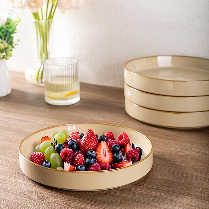 GBhome 9'' Large Ceramic Pasta Bowls, 32oz Stoneware Pasta Serving Bowls Set of 4 for Kitchen, Wide Bowls for Fruit,Pasta,Salad,Oatmeal,Meal, Microwave Safe, Reactive Glaze-Warm Sand