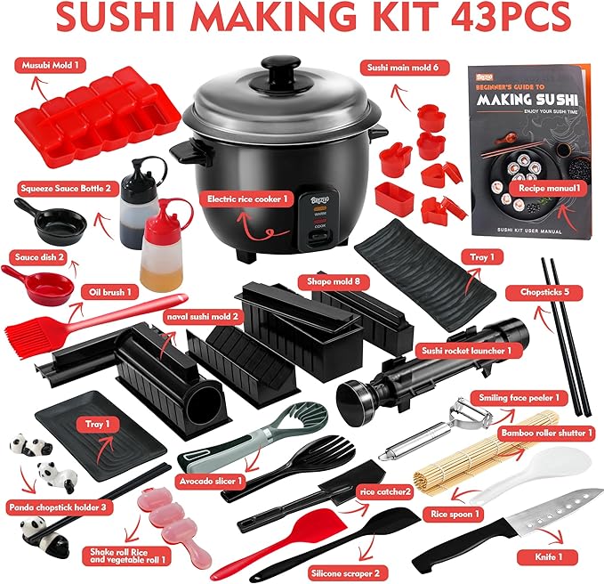 Sushi Maker Kit - 43-Piece Complete Set for Beginners with Sushi Bazooka Roller, Onigiri Mold, Nigiri Maker, Bamboo Rolling Mat & Accessories | Easy DIY Sushi Preparation at Home