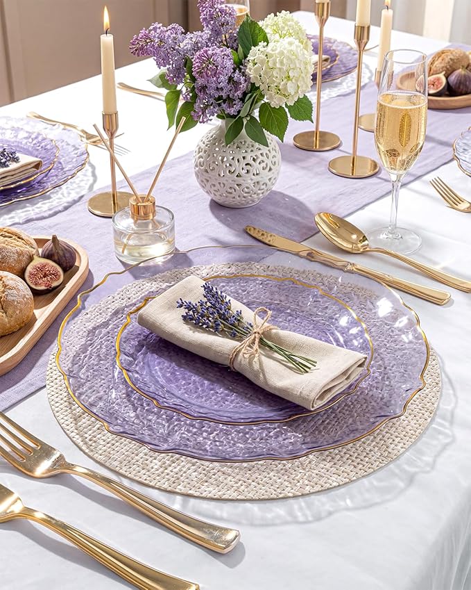 bUCLA 40PCS Clear Purple and Gold Plastic Plates - Fancy Lace-Edge Purple with Gold Trim Hammered Disposable - Include 20 Each (10inch Dinner & 7inch Dessert) Plates for Party & Wedding