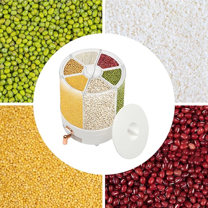 360° Rotating Grain Dispenser With 6 Grids, 13.2lbs Large Capacity Grain Dispenser Rotating Kitchen Storage Containers With Sealed Lid For Peanut Barley Millet And Cereal (White, 14.3 lbs)