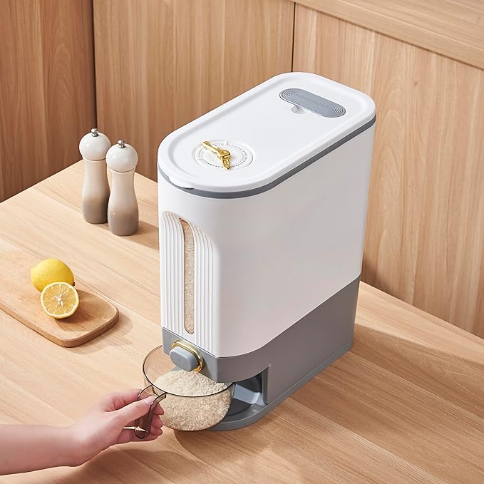 Sooyee 22 Lbs Rice Dispenser, Large Grain Container Storage with Lid Measuring Cylinder Moisture Proof Household Cereal Dispenser Bucket for Kitchen Soybean Corn, White and Grey
