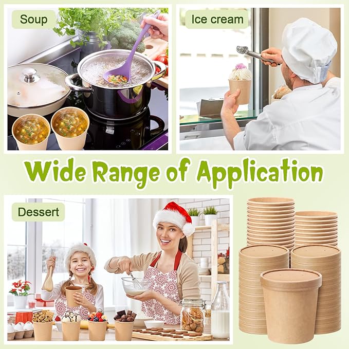 Fulmoon 100 Pack Paper Soup Containers with Lids Disposable Paper Food Containers with Vented Lid Kraft Ice Cream Cake Dessert Cups Soup Bowl for Party Hot Food Fruit Microwave(16 oz,Brown)