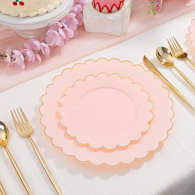 LIYH 120 Pcs Pink Plastic Plates Disposable Set Includes 60 Dinner Plate 10.25" & 60 Dessert Plate 7.5" with Elegant Gold Rim for Party Birthday Baby Shower