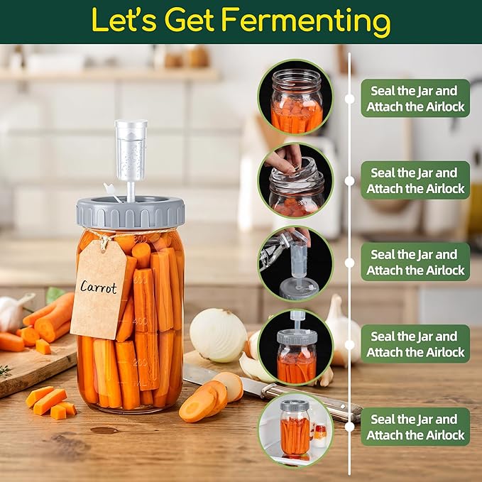 32oz Fermentation Jar Kit with Fermenting Weights and Airlock Lids, Wide Mouth Glass Jars with Scale Mark for Making and Storing Sauerkraut, Pickles (Pack of 4)