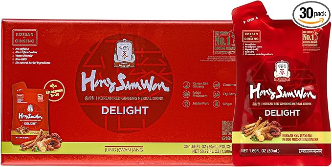 JUNG KWAN JANG Hong Sam Won Delight - Korean Red Ginseng Tea Herbal Energy Drink with Lime, Jujube, Ginger, 3 Vitamins & 9 Amino Acids - No Caffeine, No Calories, No Sugar (30 Pouches, 1.69 fl oz)