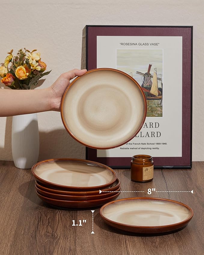 Pokini Stoneware Plates Set of 6, 8 Inch Handmade Reactive Glaze Ceramic Set for Dessert, Salad, Appetizer, Small Dinner Plates, Microwave & Dishwasher Safe, Highly Chip and Crack Resistant