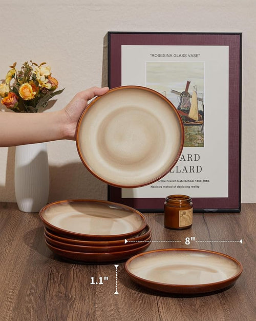Pokini Stoneware Plates Set of 6, 8 Inch Handmade Reactive Glaze Ceramic Set for Dessert, Salad, Appetizer, Small Dinner Plates, Microwave & Dishwasher Safe, Highly Chip and Crack Resistant