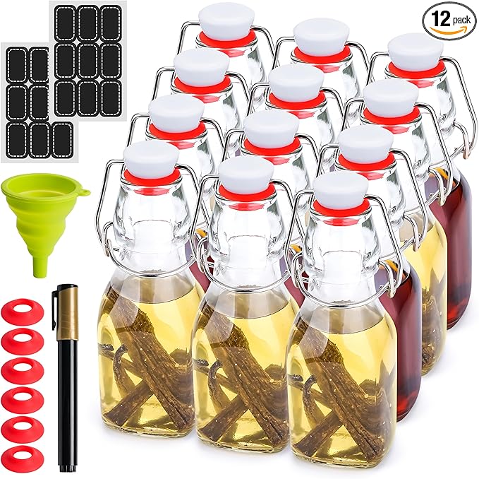 Vanilla Extract Bottles [4oz, 12-Pack] – Flip Top Swing Top Glass Bottles for Homemade Extracts, Kombucha, Coquito, Juice – Airtight Leak-Proof Caps with Funnel, Extra Gaskets, Labels & Marker
