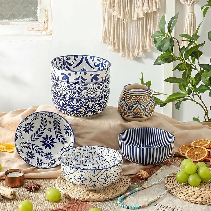 Cereal Bowls, 28 Ounce Ceramic Soup Bowls Set of 6, Bowl Set for Rice Salad Fruit Dessert Oatmeal Snack Ice Cream,Microwave & Dishwasher Safe, Bohemian Blue & White