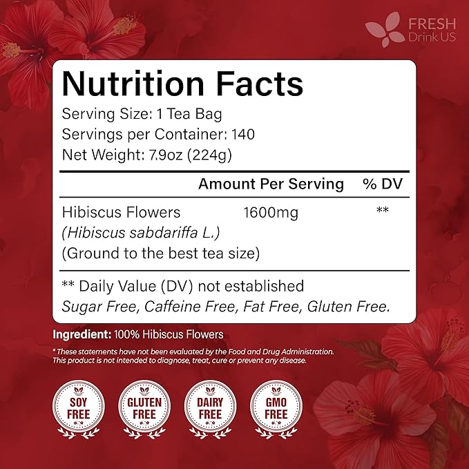 FRESHDRINKUS 140 Hibiscus Flowers Tea Bags, 100% Natural, Pure from Hibiscus Flowers. Loose Flower Hibiscus Herbal Tea. Hibiscus Flower Tea. No Sugar, No Caffeine, No Gluten, Vegan.