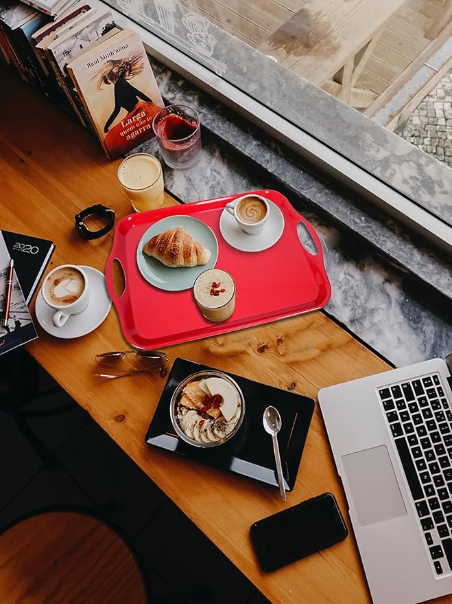 KAQAHIDO Large Melamine Serving Trays for Eating, 17.5’’ x 12’’ Serve Platter for Appetizer, Charcuterie, Food, Snack, Cupcakes, Dessert, BPA-Free, Dishwasher Safe Tray, Set of 2, Red