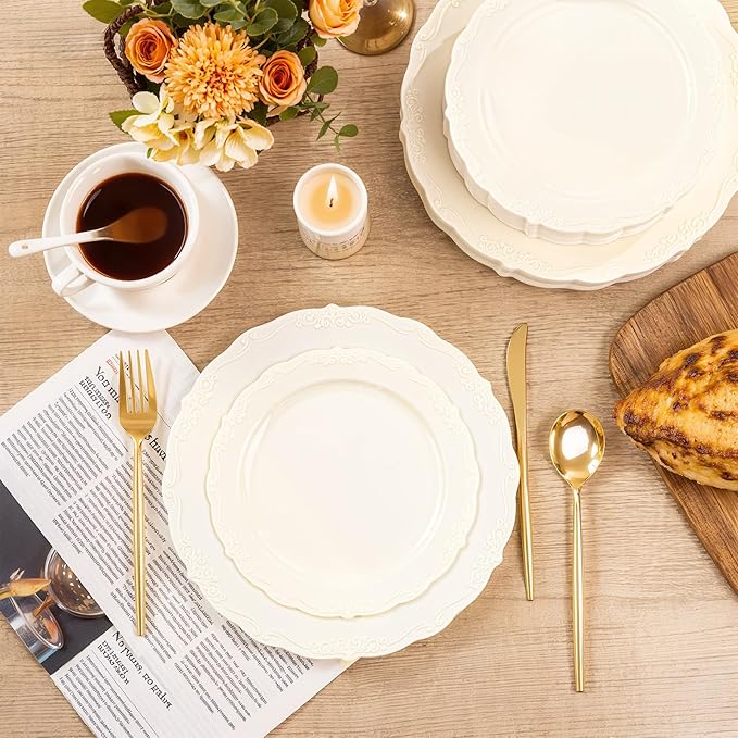 U-QE 100 Pieces Ivory Plastic Plates for Party - Ivory Disposable Plastic Plates - Heavy Duty Disposable Platos Including 50 Dinner 10 '' & 50 Dessert 7.5 '' for Weddings