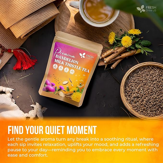 FreshDrinkUS, Premium Dandelion Milk Thistle Herbal Tea | 75 Tea Bags | Herbal Blend with Dandelion Root & Milk Thistle Seed – Clean Plant-Based Daily Tea, Naturally Caffeine Free. Sugar Free. Vegan