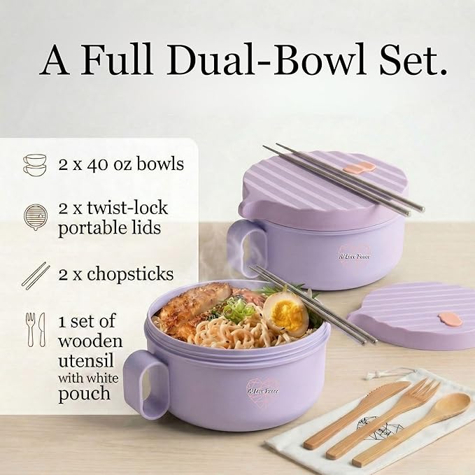 AI LOVE PEACE Ramen Bowls, 40 oz Large Microwavable Noodle Bowls (2 Purple) with Chopsticks, Sporks, and Utensil Bag, Portable Microwave Bowl for Home, Office, Dorm, or College Gift.