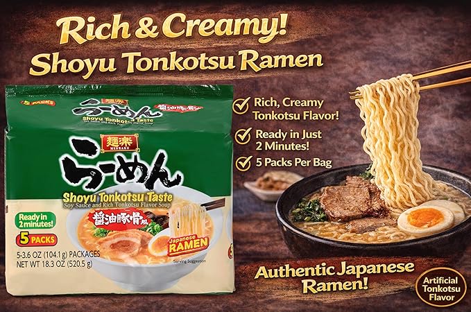 Hikari Menraku Ramen Shoyu Tonkotsu Japanese Instant Noodle Soup, 10 Pack 18.3 Oz