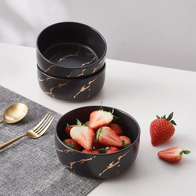 Pokini Black Gold Splash Dinnerware Sets, Marble Porcelain Plates and Bowls Sets, Modern Luxury Dish Set for 4, 12 Pieces Fine China Plates Set for Formal Dinners and Anniversaries