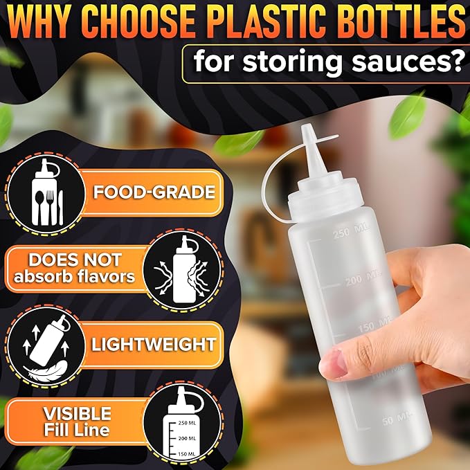 6-Pack Plastic Condiment Squeeze Bottles 8oz – Refillable Squirt Bottles with Narrow Tip, Leak-Resistant | Great for Oil, Sauces, Ketchup, Mayonnaise, Syrup, Dressing, BBQ Stations & Catering Use