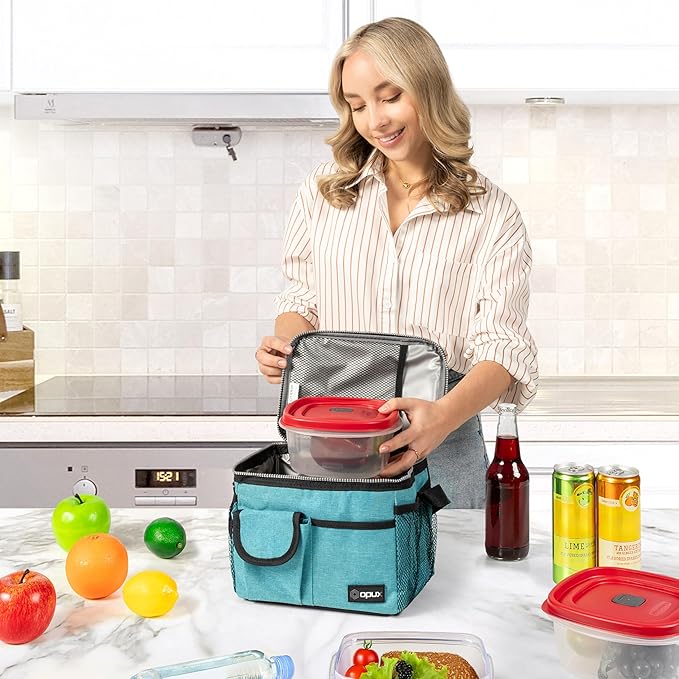 opux Insulated Lunch Box for Men Women Kids, Leakproof Reusable Lunch Bag Cooler for Work School Office, Soft Thermal Lunchbox Tote Shoulder Strap for Boys Girls Adults, Heather Sea Blue, 14 Can/8L