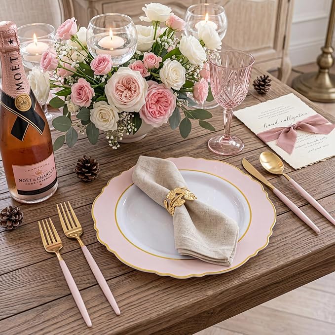 WDF 60pcs Pink Plastic Plates - 10.25inch Baroque Pink And Gold Disposable Dinner Plates for Upscale Parties -Special for Baby Shower/Birthday/Weddings