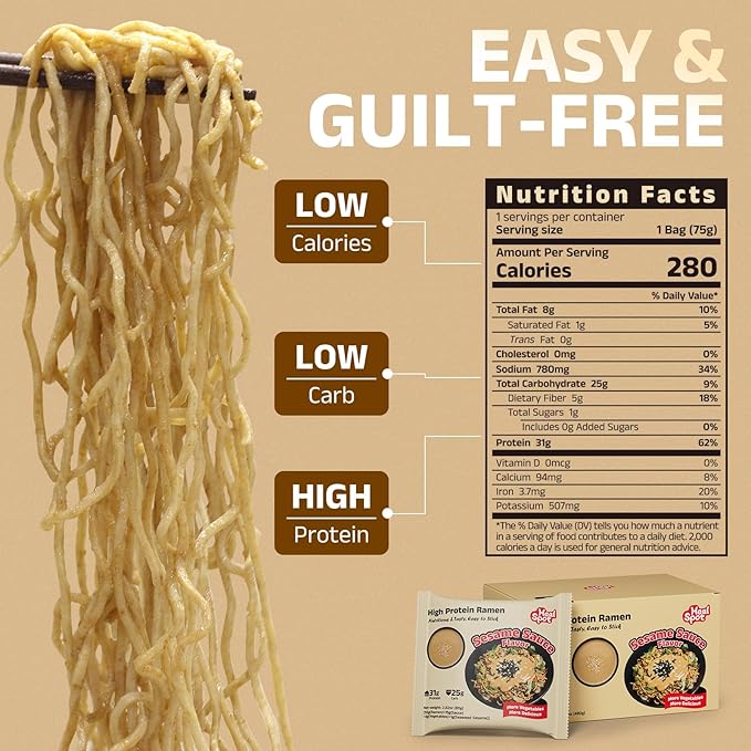 HealSpot High Protein Instant Ramen, 31g Plant Based Protein, Low Fat, Low Carb, Non GMO, Keto Friendly, Plant Based Dry Mixed Ramen, 6 Packs of Sesame Sauce Flavor | 50% Protein, Keto Friendly, Vegen Friendly, Healthy Quick Meal